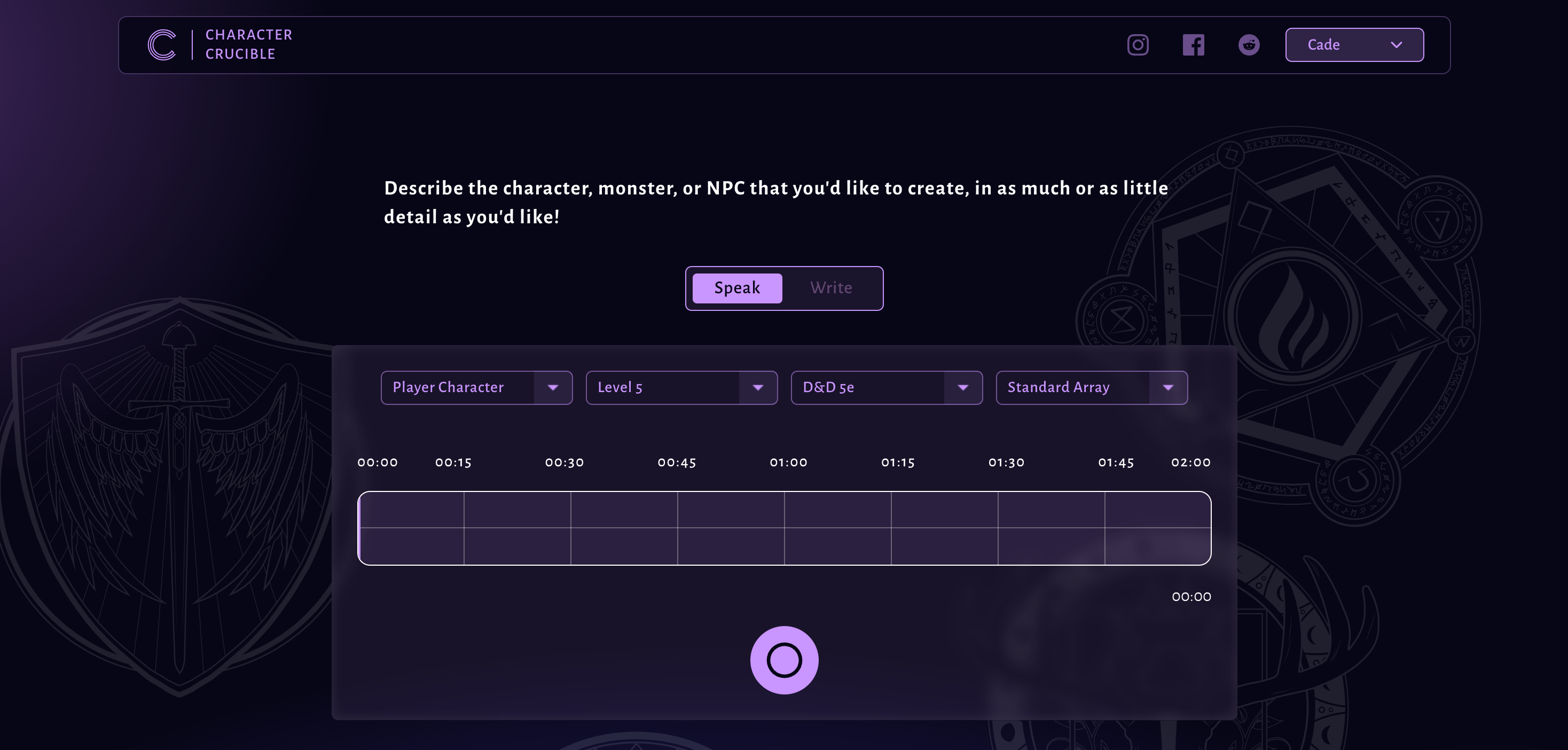 Character Crucible creation interface
