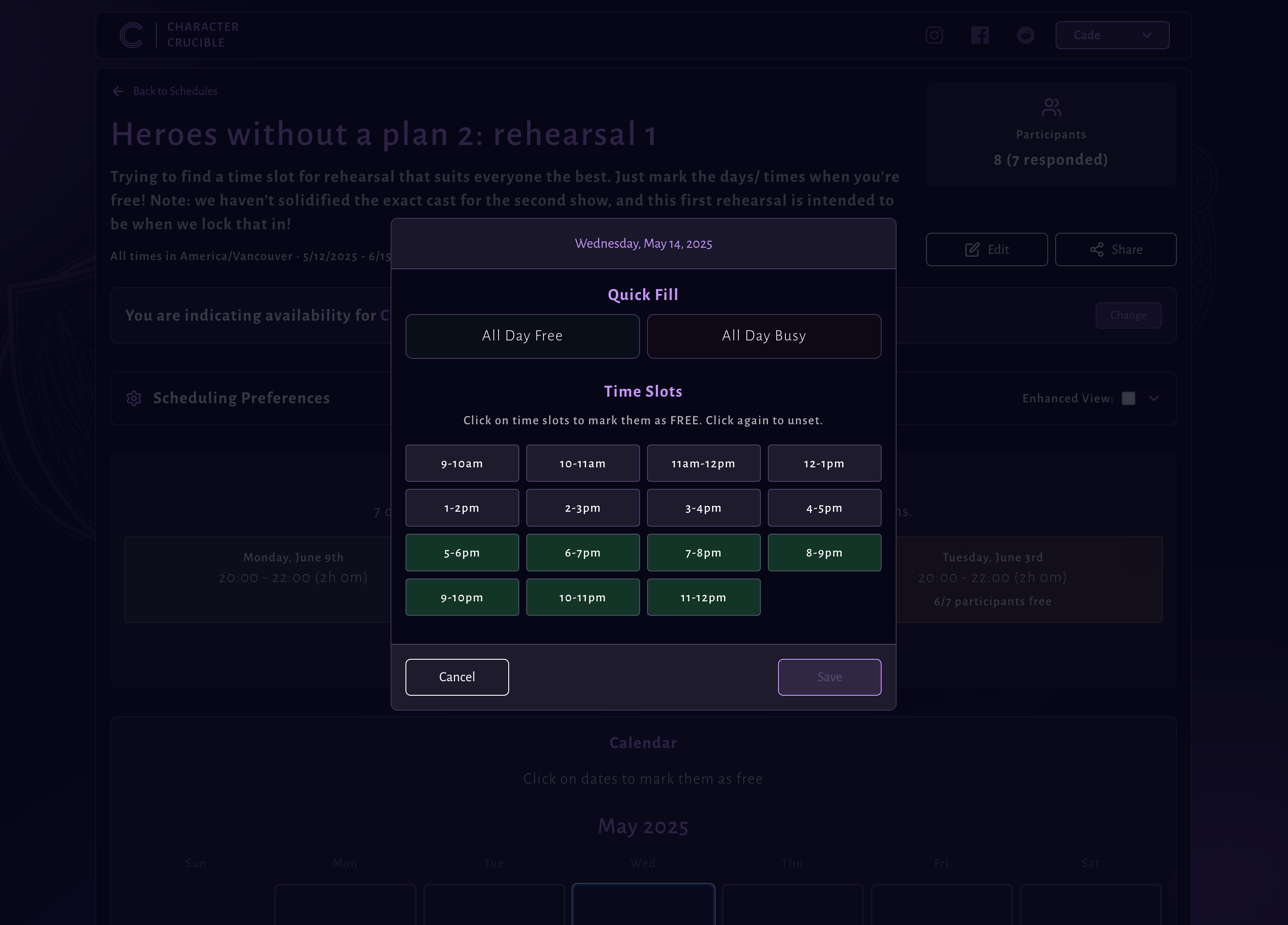 Character Crucible scheduling interface
