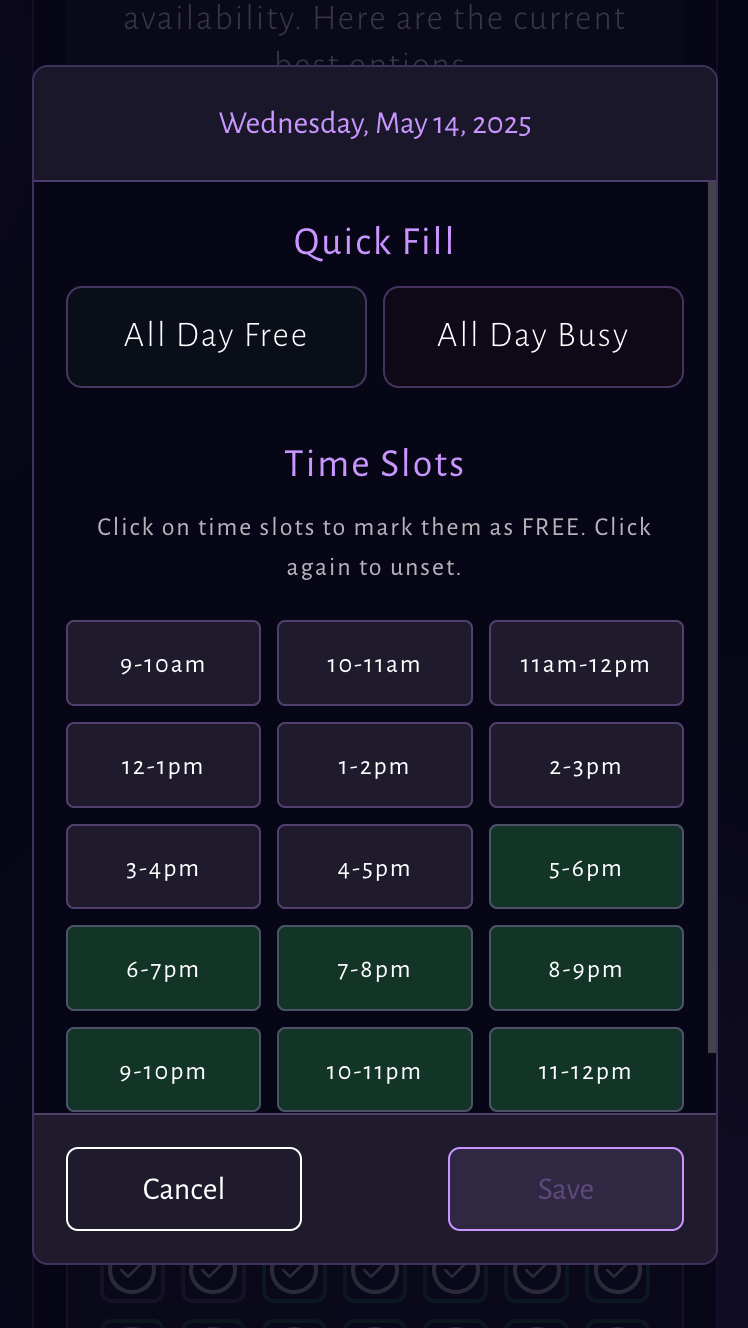 Character Crucible mobile scheduling interface