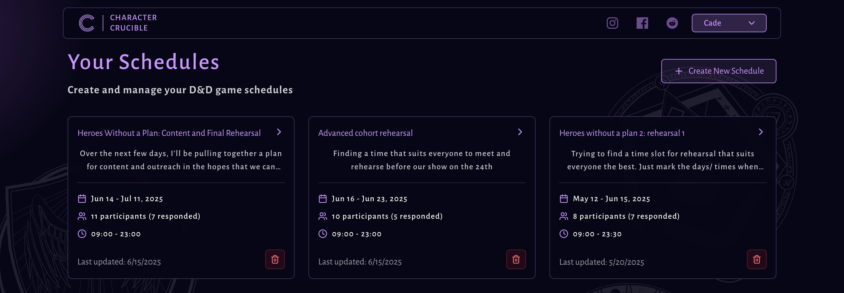 Character Crucible schedule management