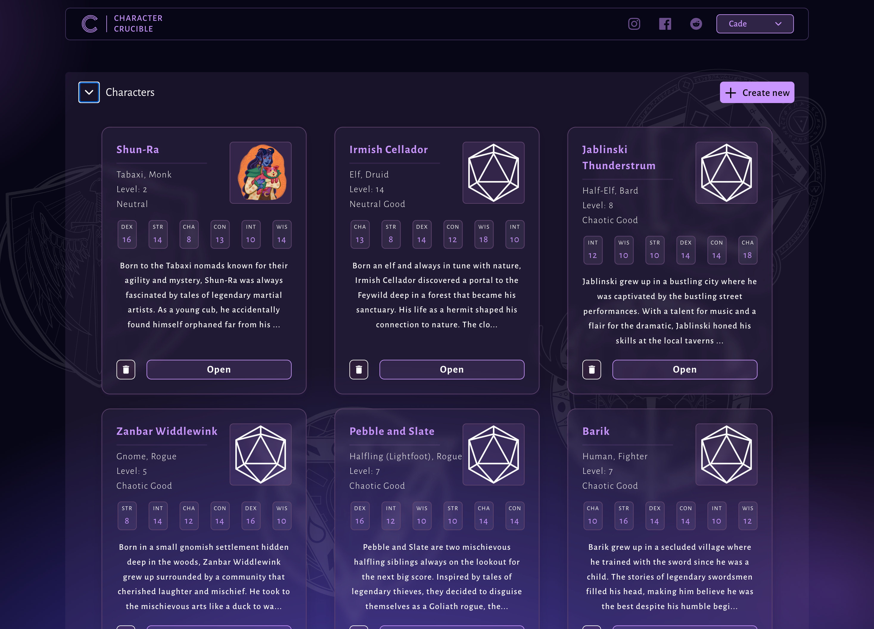 Character Crucible creations library desktop