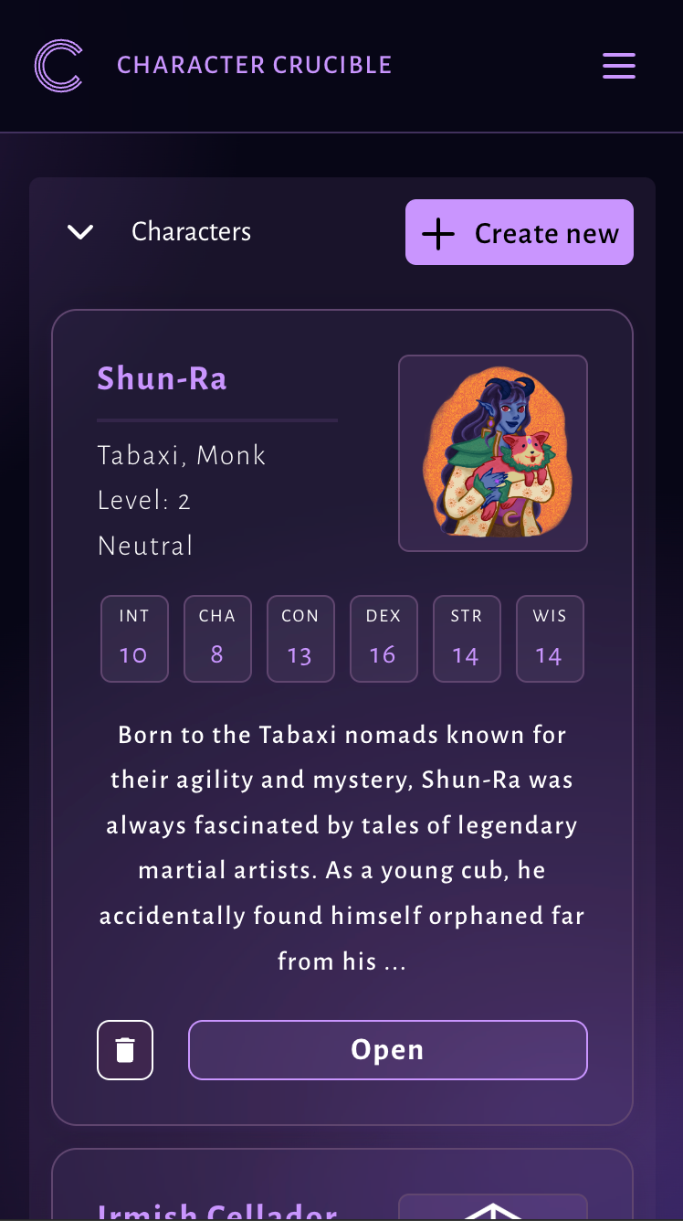 Character Crucible creations library mobile