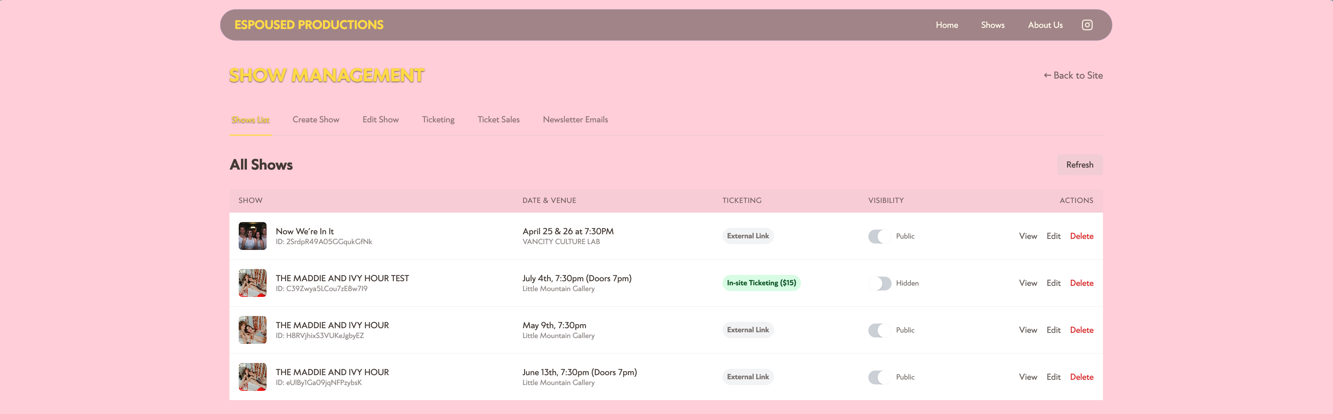 Espoused Productions admin dashboard