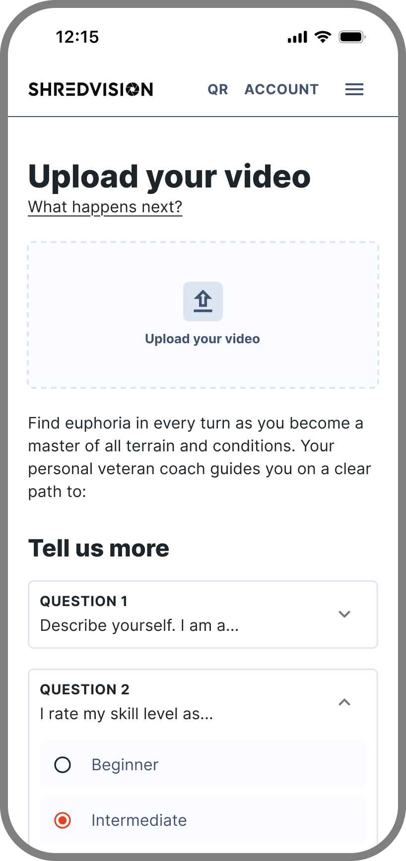 ShredVision video upload interface